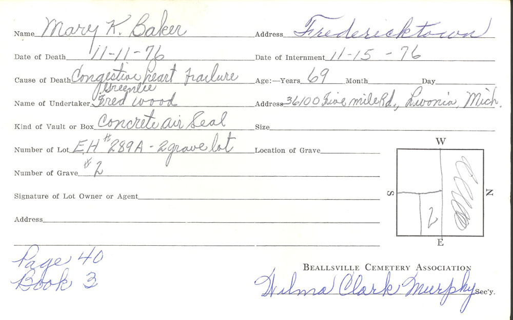 Mary K. Baker burial card